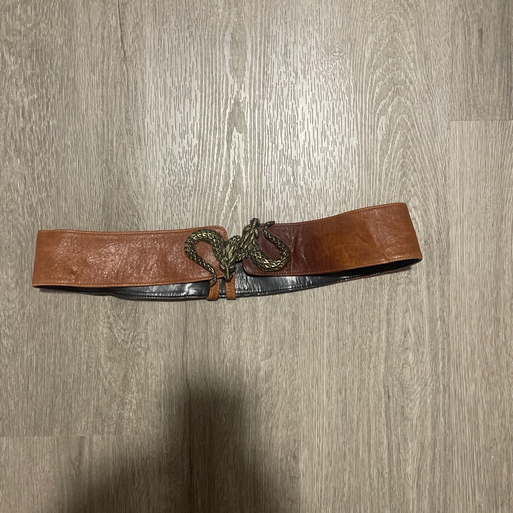 Raina Snake Buckle Brown Leather Belt with Rope Detail Made In USA